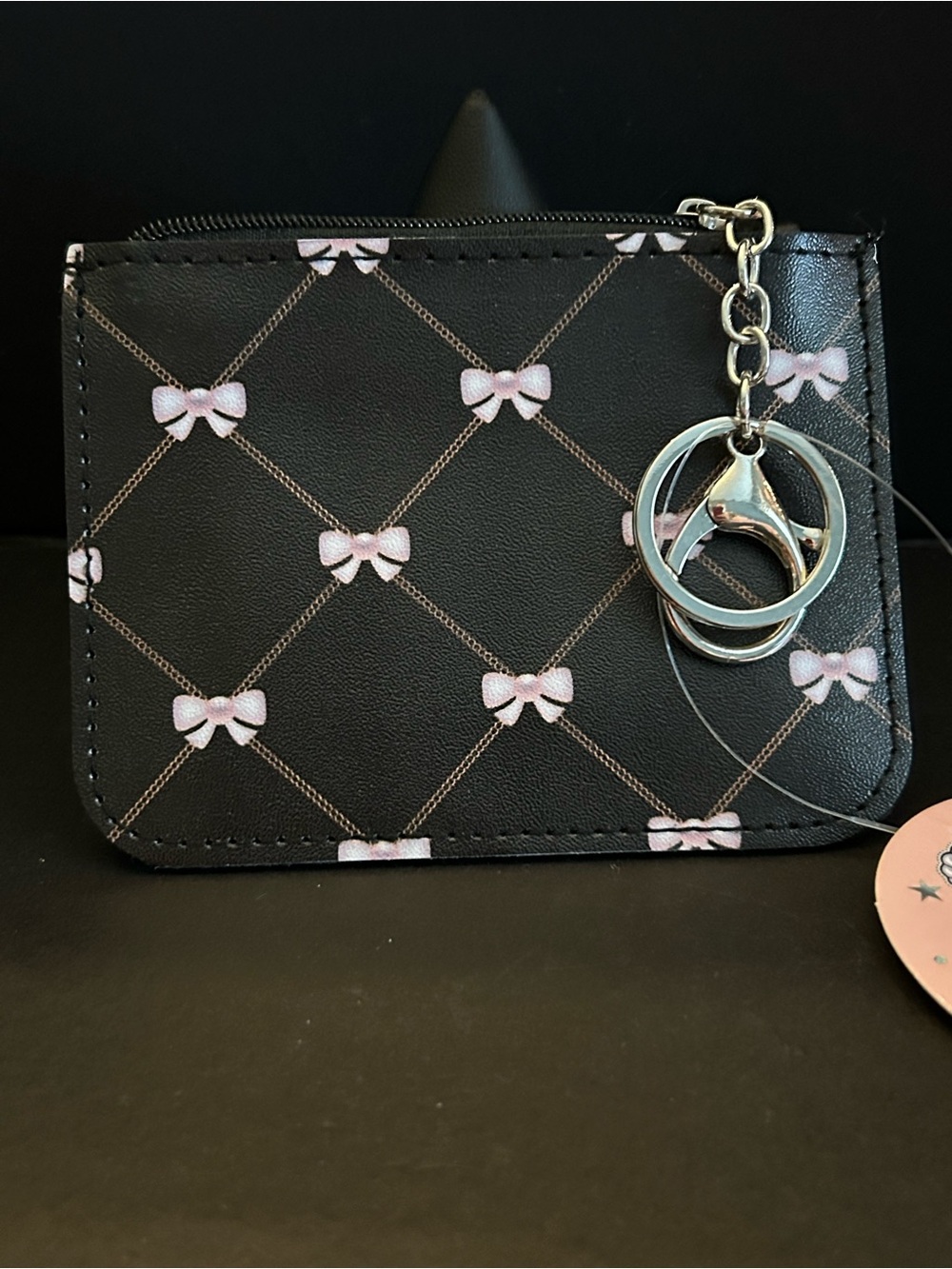 Black Card & Key Holder with Pink Bow Pattern and Silver Clasp Rings